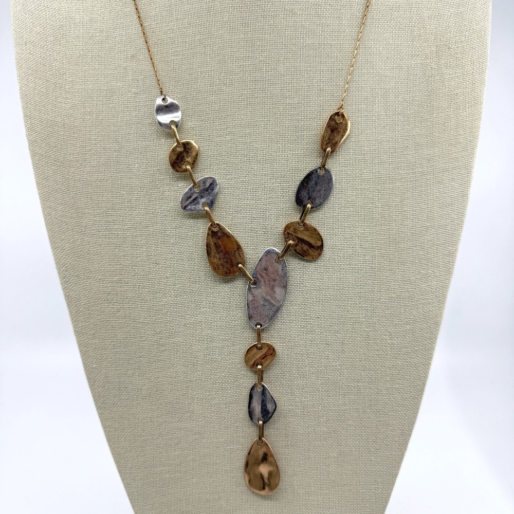 Two Tone Hammered Disc Y Drop Necklace Gold & Silver Tone Boho Statement Jewelry